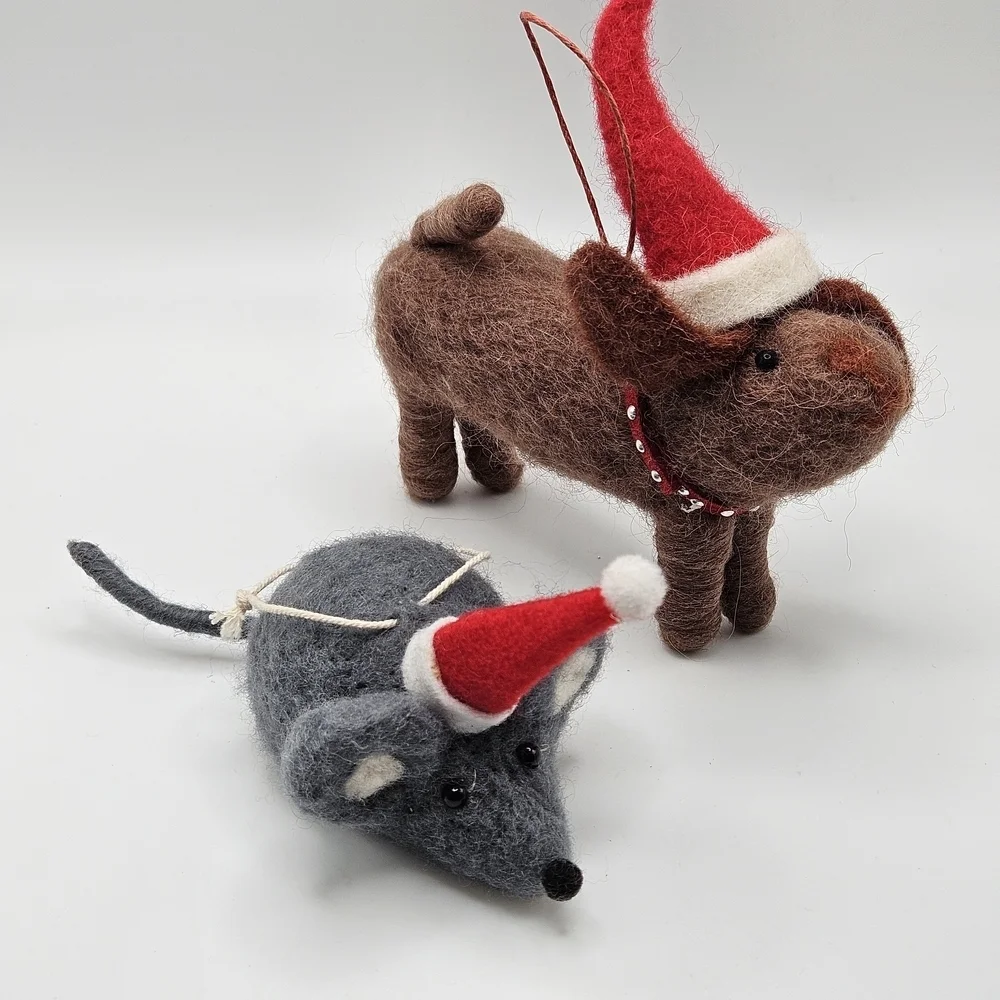Felted Christmas Holiday Mouse and Dog Ornaments Sant Hats